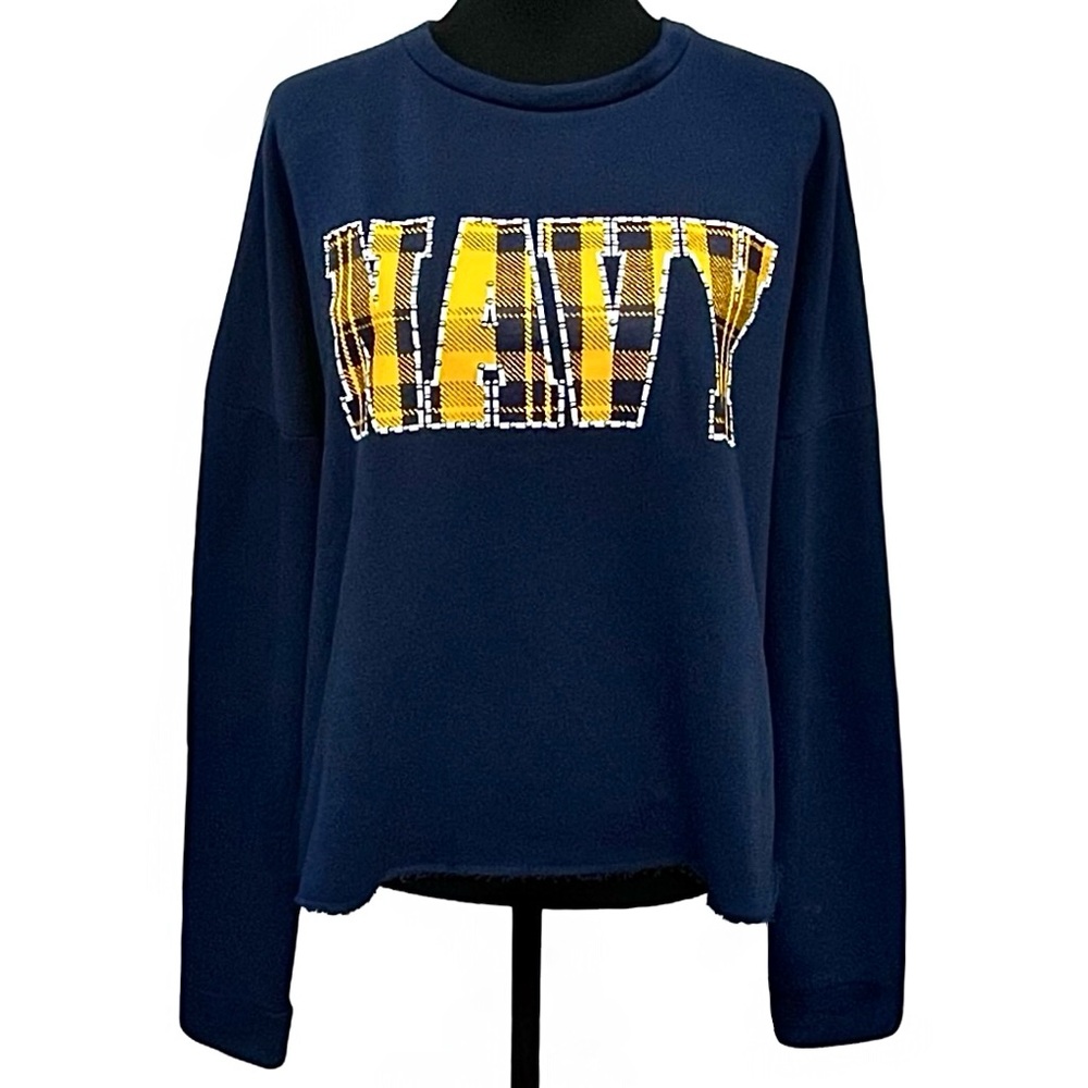 PINK Victoria’s Secret Studded Plaid NAVY Cropped Crewneck Sweatshirt Size L